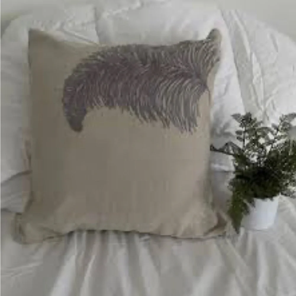 West Elm gray feather on beige linen pillow cover. Set of two